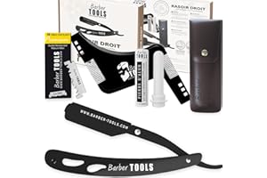 Kit da rasatura uomo - Rasoio per barba uomo/taglio a mano per barba - con 50 Lame Singole + Panno + Stick di allume + Custodia per la conservazione + Pettine guida per rasatura -NERO- BARBER TOOLS