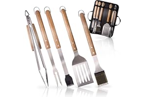 AMAZY | Set di 5 posate per barbecue, pinze da barbecue, forchetta da carne e spazzola da barbecue, manico per barbecue, pennello per barbecue, resistente al calore, utensili da barbecue