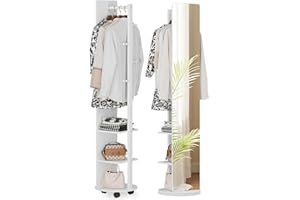 Warmiehomy 39X170cm Full Length Mirror with Coat Rack, 360° Solid Wood Swivel Freestanding Floor Long Mirror for Bedroom, Living Room, Cloakroom (White)