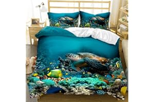 AOXHFNV Bettwäsche Meeresschildkröten 135×200cm Blaue Unterwasserweltthemastarfish kleine Fische und korallenroter Musterbettbezug für Kinder Junge Mädchen (Meeresschildkröte)