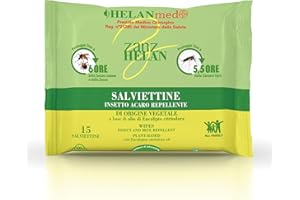 Helan Med Zanzhelan - Salviette Umidificate Antizanzare Bambini Adulti 100% Cotone Bio, Anti Zanzare con Olio di Neem, 15 Salviettine Repellente Zanzare Zecche Fino a 6 Ore, Presidio Medico Chirurgico
