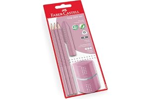 Faber-Castell – Skrivset Grip 2001 Rose Shadows, 5 delar | Med 3 blyertspennor B, suddgummi och pennvässare för skola och ten