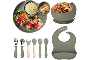 SENBALER 9-teiliges Set Silikon Baby Geschirr mit Saugnapf Rutschfest Babyteller BPA Frei,Kinder Besteck,Lätzchen,Schüssel,Loffel,Grün