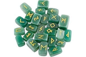 mookaitedecor Grüner Aventurin-Quarz Runen Steine Set (25 Stück) mit Geschenkbeutel, Trommelstein Edelstein mit schnitztem Runenzeichen für Wahrsagen, Kristall Heilung Reiki