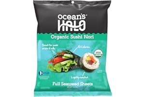 Ocean's Halo Sushi Nori Seaweed Sheets, Gluten Free, Vegan & Vegetarian, Ideal for Sushi Wraps & Rolls, Pack of 12 x 10 Full Sheets