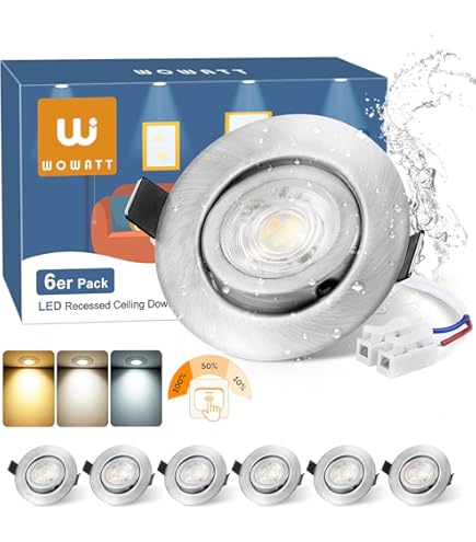KYOTECH Led-inbouwspot, dimbaar, 60-75 mm, 5 W, IP65, led-inbouwspot, extra vlak, warmwit, 2700 K, plafondspot, waterdicht, badkamer, nikkel, 6 stuks (niet draaibaar