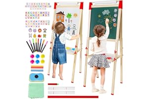 CHIDIAM Kinder Staffelei Holz Kindertafel mit Papierrollenhalter Doppelseitige Kinder Spiel-Tafel aus Holz Kreidetafel und Whiteboard für Jungen Mädchen