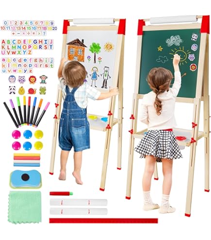 GOPLUS 3-in-1 schildersezel voor kinderen, dubbelzijdig kinderbord met magnetisch whiteboard, papierrol, plank en schilderaccessoires, in hoogte verstelbaar schoolbord met opbergtas voor kinderen van