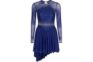 CHICTRY Eiskunstlauf Kleid Damen Langarm Glitzer Strass Rollkunstlauf Kleid Stehkragen Ballettkleid Mesh Patchwork Tanzkleid Mit Asymetrisch Rock