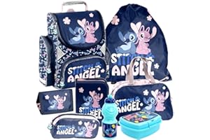 Stitch and Angel 8-Piece Set School Bag Satchel Pencil Case Bag Satchel Sports Bag with Stickers Kids4shop, blue