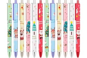 YUKIYI Lot de 12 stylos à bille rétractables à encre gel noire pour enfants et adultes - Récompenses scolaires, étudiants, fournitures de bureau - Stylos fantaisie de Noël - Sac cadeau de fête