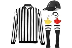 SINTEGE 6 Stück Offizielles Schiedsrichter Kostüm Set Langarm Schwarz Weiß Gestreiftes Schiedsrichter Shirt Kappe Edelstahl Pfeife mit Lanyard Gelb Rot Straffahnen Gestreifte Kniestrümpfe