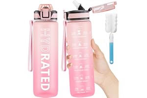 QLUR Gourde, 1L Gourde Sport avec Paille et GraduéE, 1 Litre éTanche Bouteille D'Eau avec Brosse, Gourdes Motivation sans BPA pour Fitness, Bureau, L'éCole, Yoga