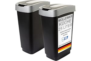 SUSTANIA Duo Mülleimer Küche 2 Fächer 25L - Geruchsdicht Doppel Abfalleimer mit Schwingdeckel, 2er Set 25 Liter, Robust Recycelbarer Kunststoff, Schwarz, Made in EU