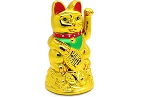 Gato de la suerte Starlet24, gato que saluda, gato Feng Shui, Maneki Neko, plástico, dorado, 11 cm