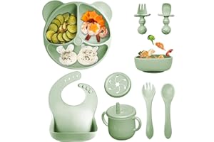 FAUXPONT Vajilla Bebe de Silicona 9 Piezas, Vajilla para Bebés Con Ventosa, Sin BPA, Antideslizante, Apto para Lavavajillas y Microondas, Con Plato Cuenco Babero Taza 2 Tapas 2 Tenedor y 2 Cuchara (Verde)
