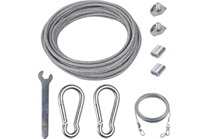 aufodara 10 Metri Kit Cavo in Acciaio Inox, Diametro 3 mm (Compreso 0,5 mm il rivestimento in PVC), con 2x Moschettone Inox M6, 2x Clip per Fune Metallica, 2x Alluminio Manicotti, 1x Mini Chiave (10M)
