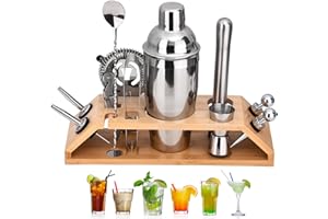 AUROBEST 12 Pezzi Kit Barman Professionale con Supporto Legno, 750ml Set Shaker Cocktail Acciaio Inox per Casa, Bar, Accessori Amanti Cocktail per Miscelare Bevande, Set Regali Shaker Cocktail per Donna, Uomo
