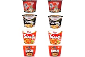 YIJIA | Pack de 8 Ramen Coreano Cup Noodles Soup | Sabor de Gamba Picante，Kimchi，Shin Ramyun，Udon Tempura | Nong shim