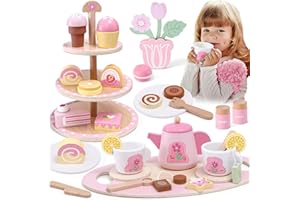 Atoylink 31PCS Wooden Tea Set for Toddlers Tea Party Set for Children with Dessert Tray Teapot Wooden Play Food Toy Kitchen Accessories Kids Tea Set Role Play Toys Gifts for girls 2 3 4 5 Years（Pink）
