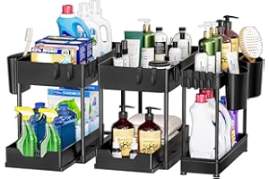 Puricon 3 Stück Ausziehbar Unter Waschbecken Regal, 2 Etagen Standregal Küche Arbeitsplatte Regal Organizer, Mehrfunktional Storage Rack Küchenregal Unterschrankregal Spülschrankregal -Schwarz