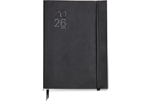 Miquelrius - Agenda 2026 día por página, Similar A5+ (155 x 213 mm), Planificación diaria, Cubierta flexible símil piel cosida, Papel 80 g/m², Español-EN-PT, Negro