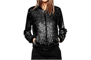 KBOPLEMQ Chaqueta bomber de lentejuelas con cremallera de manga larga para mujer, chaqueta bomber con purpurina, para fiestas, clubes, ligera, abrigo hiphop, manga larga, chaqueta de motero, outwear