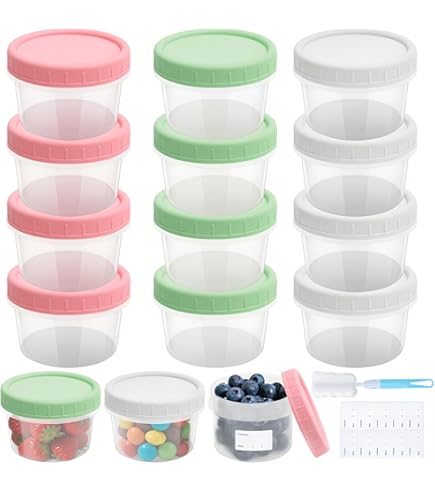 WZYTEU 12 stuks kunststof vriesdozen, 160 ml kleine doos met deksel voor bijvoeding, sauzen, dips, specerijen, magnetron en vriezer (drie kleuren