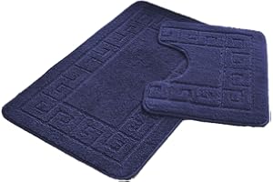 FAIRWAYUK Bathroom Mats Sets 2 Pieces, Ultra Plush Greek Pattern Bath Toilet Mat Anti Slip Pedestal Set, Extra Absorbent 100% Polypropylene Rug, Bathroom Accessory (Navy)