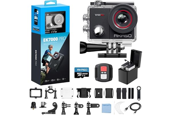 AKASO EK7000 Pro Caméra Sport 4K avec Carte MicroSDXC 256 Go, 20MP WiFi Action Caméra Sportive avec Ecran Tactile, Stabilisateur EIS, Télécommande, 170° Angle Réglable, Étanche 40M, Kit d'Accessoires
