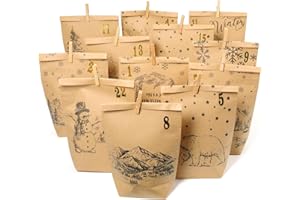LLNRC Calendrier de l'Avent à remplir,24 Sacs de l'Avent à bricoler soi-même avec sacs cadeaux imprimés et 24 autocollants numérotés et pinces, sacs en papier kraft pour Noël, enfants, adultes
