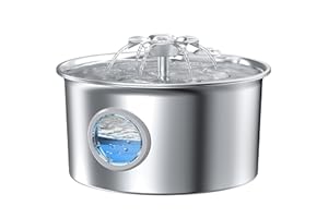 IHOUONE Cat Water Fountain for Drinking: Stainless Steel Cat Fountain - 2.6L Pet Water Fountain Stainless Steel - Dog Dispenser - Pet Drinking Bowl with Visible Level Window - Flower Head Spout Design