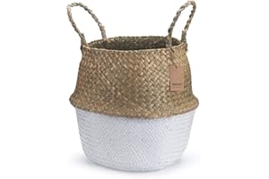 DOKOT Panier Jonc De Mer Rangement Panier Plante Seagrass de Fleur Corbeille en Paille (Naturel + Blanc)