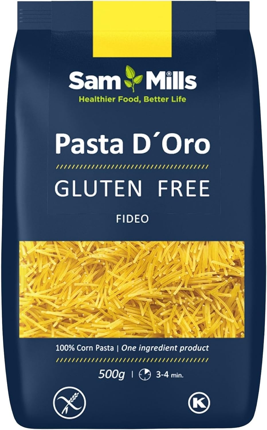 Sam Mills - Fideos Sin Gluten - 1 paquete de 500 g - 100% Harina de Maíz - Fabricado en Instalaciones Sin Gluten - Mejora el Tránsito Intestinal - Ideal para Dietas Veganas