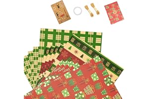 Enocent 15 Large Sheets Christmas Wrapping Paper (50x70cm/Sheet), 3 Designs Xmas Paper Gift Wrap Pack with 10 Gift Tags, 2 Hemp Ropes and 1 Tape