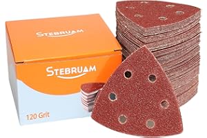 STEBRUAM Delta-Triangle Sanding Sheets,Sanding discs 65 Pieces Detail Sander Pads 6 Holes Triangle Sandpaper 120 Grits Triangle Sanding Pads 93 x 93 x 93 mm Sander Sheets