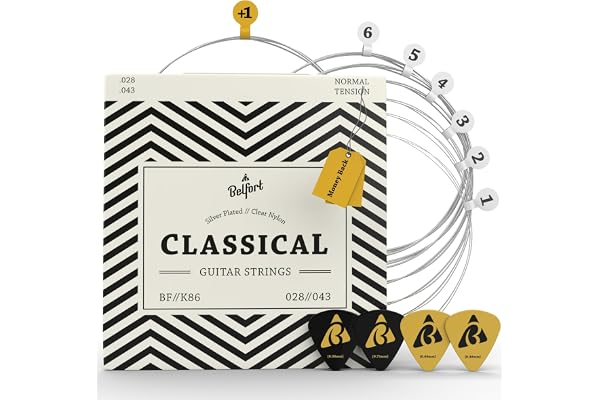 BELFORT Cuerdas Guitarra Clásica y Española, Nylon, Juego de 6 + 4 Púas | Sonido cálido para guitarra clásica, española y flamenca. Incluye 4 púas y eBook gratis para empezar a tocar