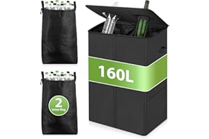 DIDAINT 160L Pfandflaschen Sammelbehälter 2 Fächer, Flaschensammler Leergut mit Deckel & 2 Tragetasche, Pfandflaschen Behälter Pfandbehälter mit Loch, Schwarz