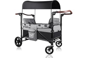 ‎ROVIQUE Rovique Bollerwagen faltbar mit 2 Sitze,Premium Bollerwagen für 2 Kinder mit Dach Kinderwagen Handwagen mit 5-Punkt-Gurt,Snack Tablett,Sonnenschutzdach,geländegängigen PU-Rädern,grau
