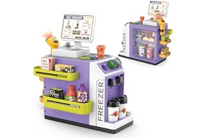 Sotodik 46PCS Cash Register Playset for Kids with Water Outlet Function Pretend Play Coffee Machine, Mini Supermarket Grocery Store with Money, Scanner,Play Foods, Gift for Boys and Girls（Purple）