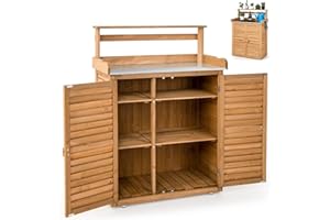 TANGZON Wooden Garden Shed, 87 x 45 x 120 cm Wooden Potting Bench Table with Galvanized Top & 3 Hanging Hooks, Outdoor Tool Storage Cabinet Planting Workstation