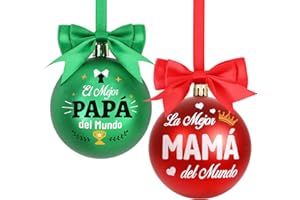 DPKOW 2 x Bolas Arbol Navidad Papá Mamá Mejor Regalo, Adornos Arbol Navidad Padre Madre Padres Regalo Decoración Navideños para Hogar Casa, Originales, Rojo Verde 80 mm Irrompible, Plástico