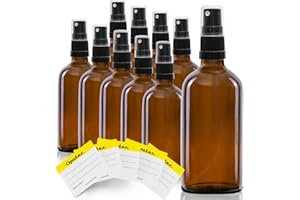 Oputec - 10 flaconi spray in vetro da 100 ml con nebulizzatore e 10 etichette per l'etichettatura, bottiglie di vetro ambrato con pompetta spray fine
