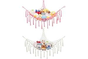 GCRQ Hamaca de Almacenamiento para Peluches con Red de Esquina, Pack de 2 Red de Algodón Tejido a Mano con Anclajes Metálicos | Decoración para Habitación Infantil, Guardería y Sala (Crema&Rosa)