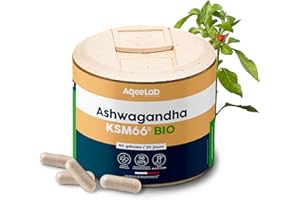 AQEELAB NUTRITION Ashwagandha KSM66® Bio • Fatigue, Stress & Performances • 60 gélules végétales • 30 Jours • Efficacité prouvée par 22 études • Testé en Laboratoire • Made in FR • Ecoresponsable • Aqeelab