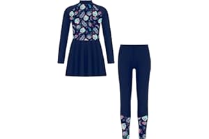 Yihuimin Floral 2 Pcs Modest Swimsuit for Girls Long Sleeve Swimdress with Swim Leggings Hijab Burkini