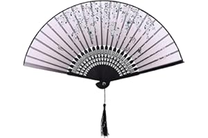 Yukiyi - Éventail pliable à main pour femme, en bambou et tissu de soie, avec pompon - Décoration murale, fête de mariage - Noir