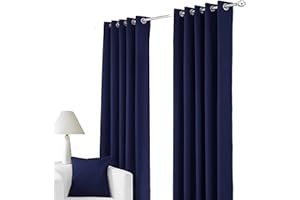 RAYYAN LINEN RayyanLinen Readymade Blackout Thermal Eyelet Ring Top Pair of Curtains Including 2 free Tiebacks (NAVY BLUE, Width 66" x Drop 54")
