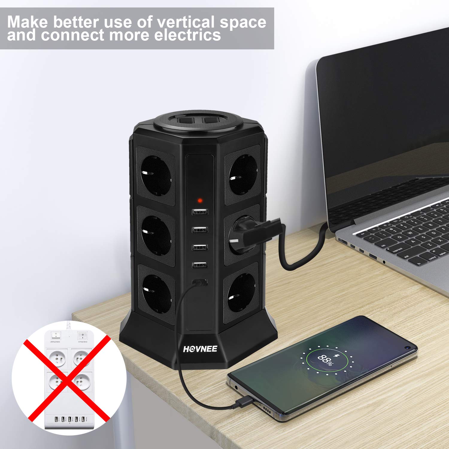Multipresa Verticale, HOVNEE Torretta Multipresa Ciabatta 12 Prese Con 5 Slot USB 2500W 10A per Smart Phone, Tablet… - immagine 6
