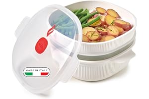 Snips - Vaporiera Microonde Bianca 4L con 2 Vassoi Sovrapponibili per Doppia Cottura a Vapore, Contenitori per Alimenti - Contenitore per Microonde, 26.5x22x13.5 cm, Made in Italy
